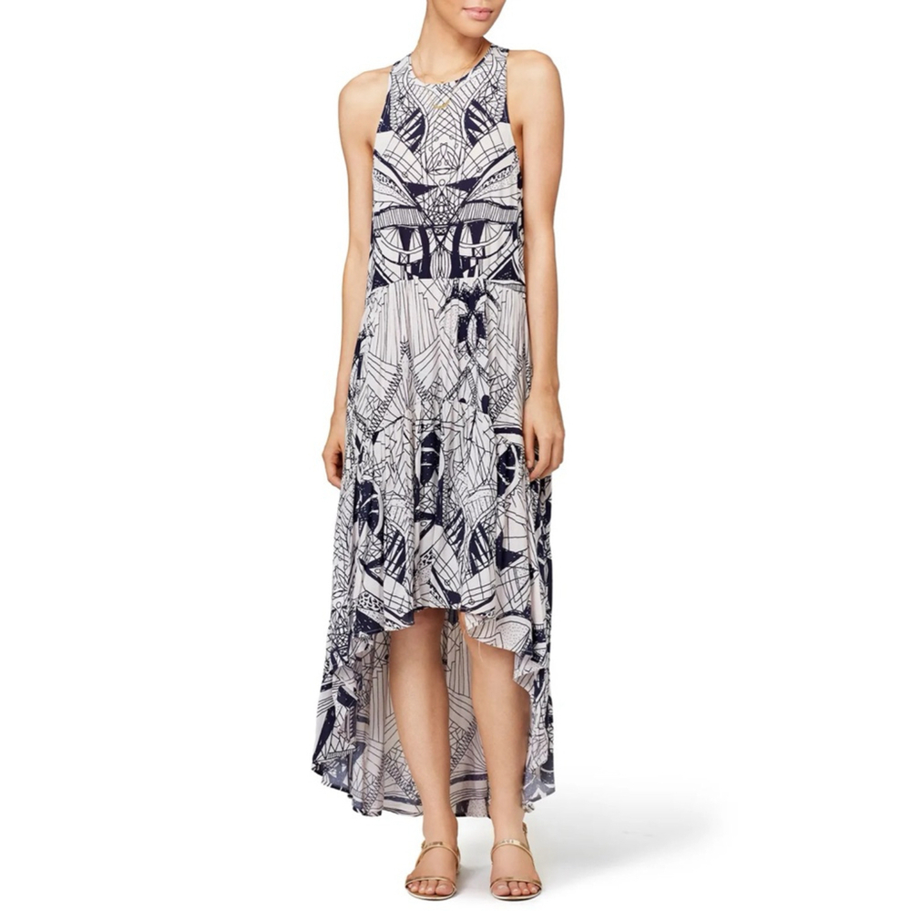 Women's Free People La Mar High Low Dress XS‎ White Black Geometric Print